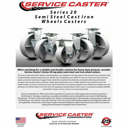 Service Caster 4 Inch Semi Steel Cast Iron Swivel Caster with Roller Bearing and Brake SCC SCC-20S420-SSR-TLB